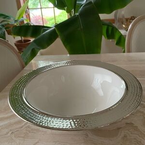 NEW White Ceramic Bowl with Hammered Nickel Rim